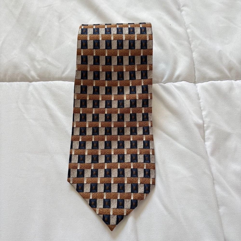 VTG Van Heusen Mens 100% Silk Necktie Bronze Blue Geometric Square Pattern Tie